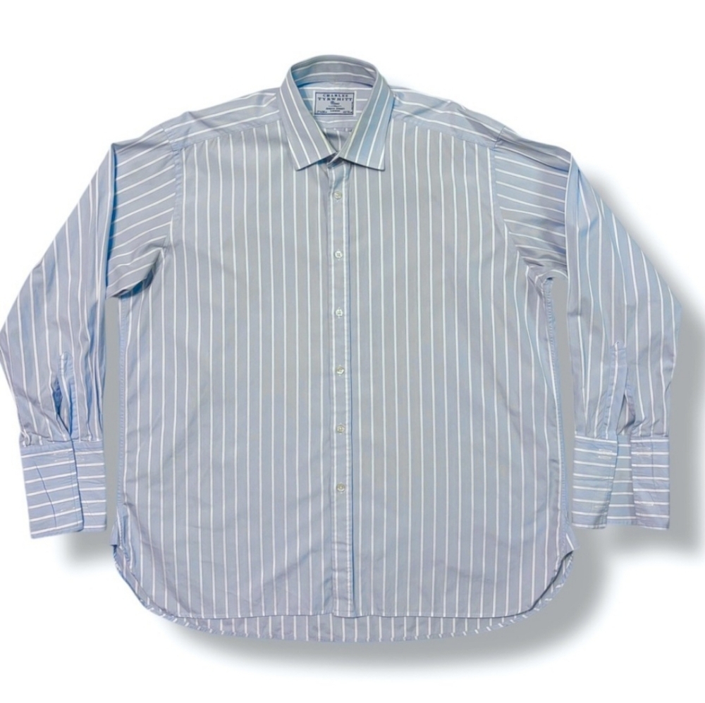 CHARLES TYRWHITT Blue & White Striped Button Front Dress Shirt 17.5/36